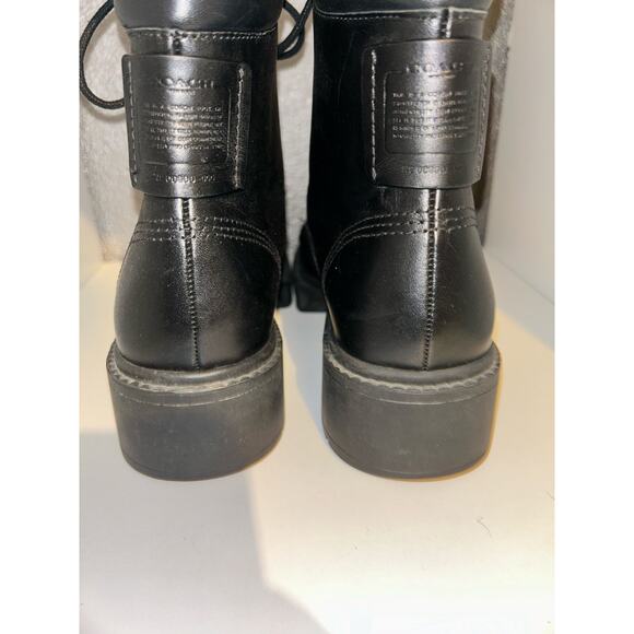 Coach Biker Combat Goth Mid Black Leather Calf Round Toe Lace up Combat Boots - Picture 5 of 12